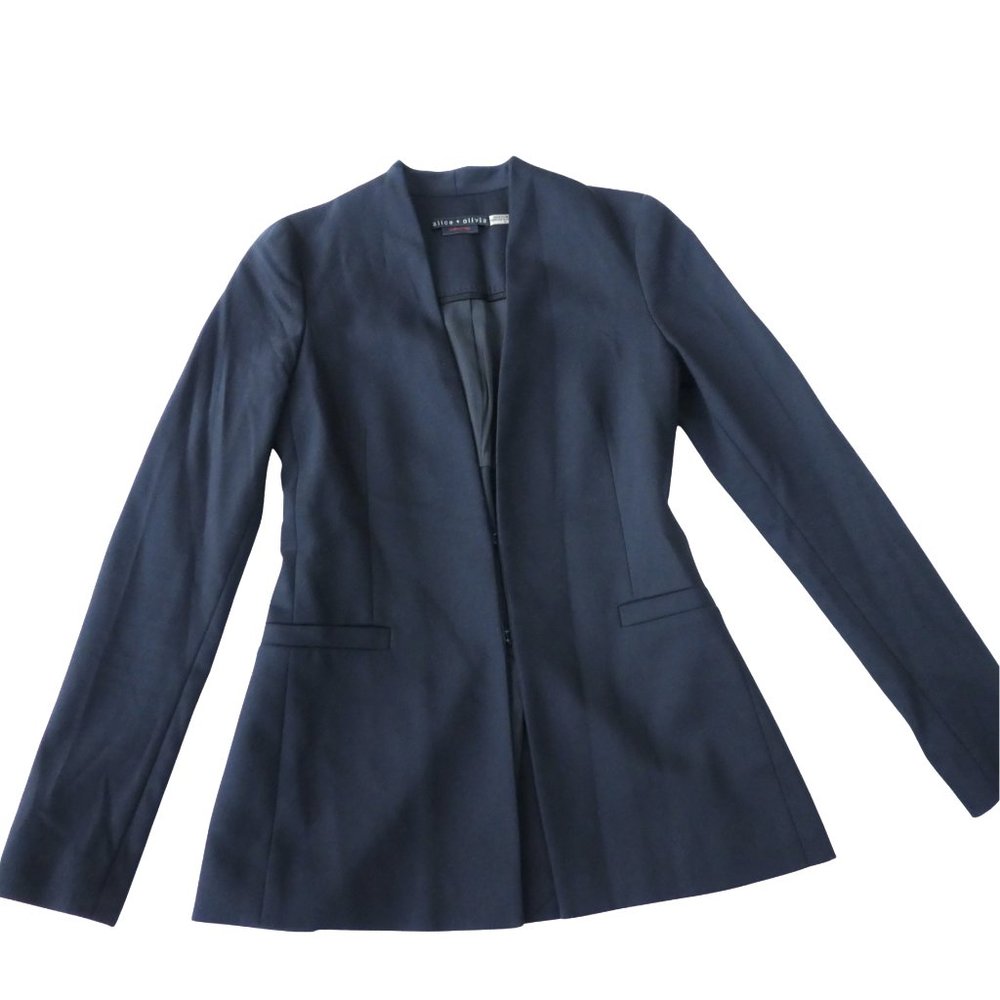 Alice + Olivia Blazer Black Open Front Collarless Jerri Hook Eye Welt Pockets XS